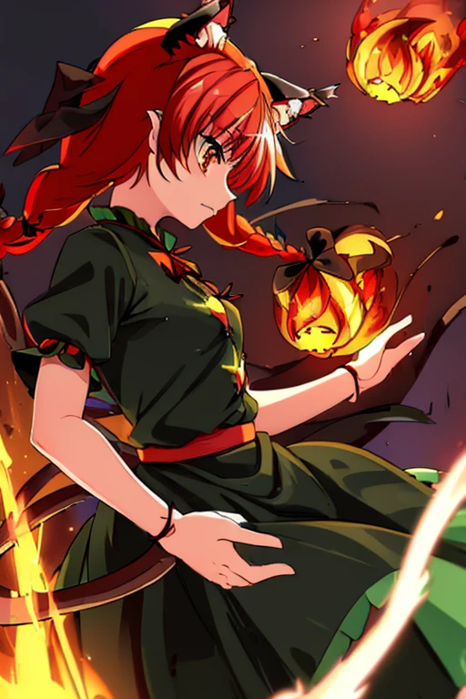 (((Touhou, Flame Cat Orin, Costume, Zombie Fairy, Black ribbon, Red hair, Two braids, Cat ears)))