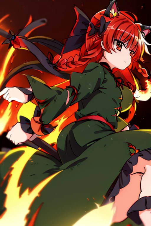 (((Touhou, Flame Cat Orin, Costume, Zombie Fairy, Black ribbon, Red hair, Two braids, Cat ears)))