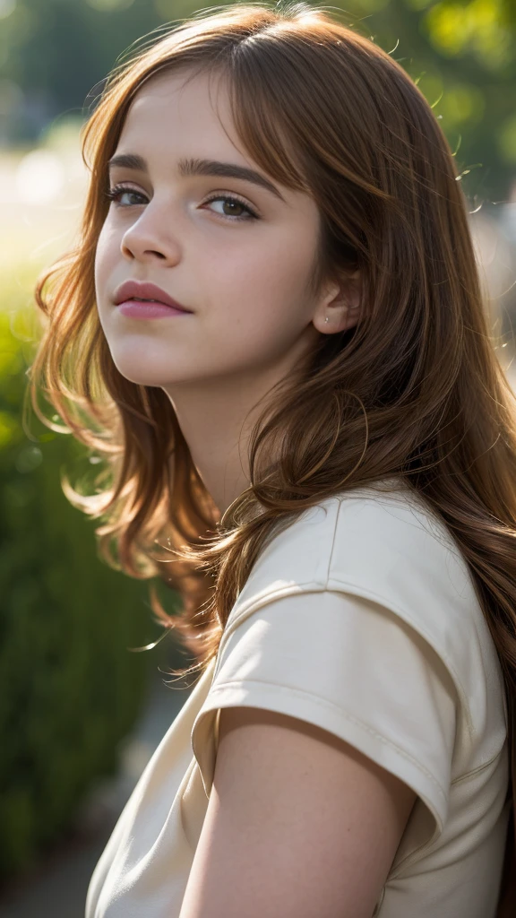 Hermione Granger, Emma Watson, head and shoulder portrait of an model, beautiful airbrush concept art by Artgerm, wlop and Dan Mumford, luminescent glowing skin. Hyperrealistic photgraph taken on a Hasselbad X2D-100C 80mm F12 ISO1000 . Smooth. 100 Megapixels. golden hazy sunlight rays streaming through hair, facial lighting, heavenly sunshine beams, divine bright soft focus, 32K UHD OLED, fill lighting