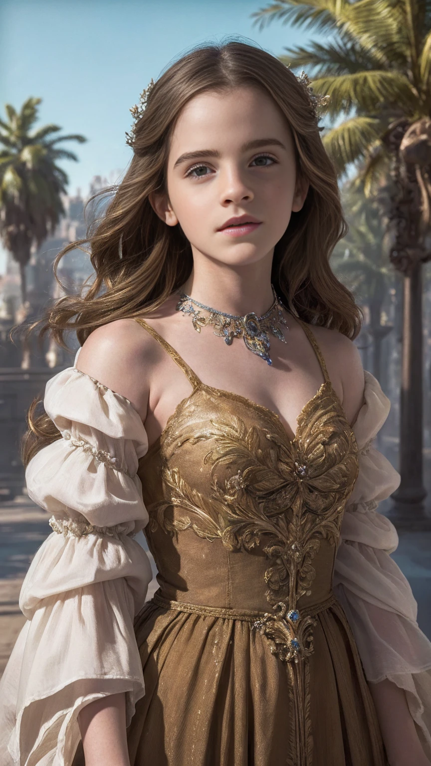 Young Emma Watson, masterpiece, surreal, air_bubble, palm trees, photorealistic painting art by midjourney and greg rutkowski, astronomical phenomena, intricate, Intricate, High Detail RAW color Photo, 1girl, extremely detailed, flowers, frilly dress, clockwork, post apocalyptic ruined city, (artstation:1.4), elena of avalor, festering skin,
