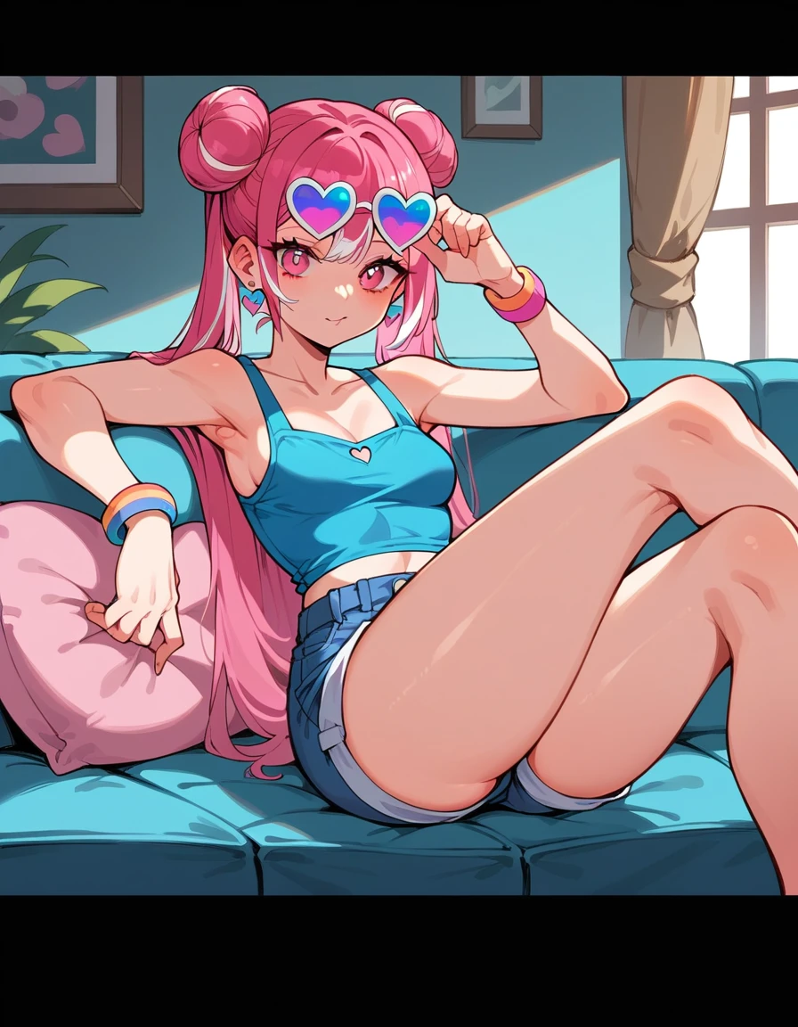 a girl with long pink hair and white streaks, vibrant pink eyes and small breasts. She wears a pink and blue outfit, next to a blue heart earring, colorful bracelets and purple lens sunglasses, Her outfit is cute and short, But provocative and inviting, short rosa/ pink short shorts, blusa azul , sitting on the living room sofa, resting your cheek on your hand and your elbow on the sofa. She smiles annoyingly and mischievously. pink hair with white highlights. face detailed