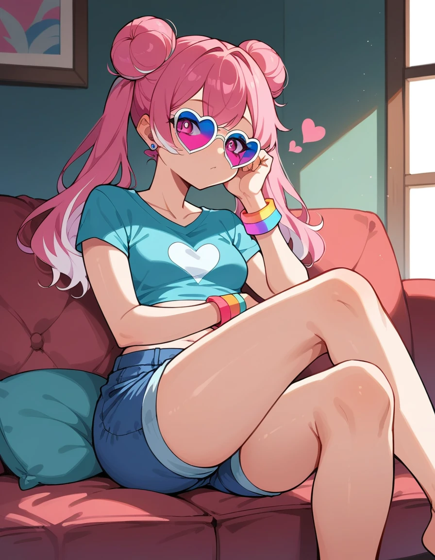 a girl with long pink hair and white streaks, vibrant pink eyes and small breasts. She wears a pink and blue outfit, next to a blue heart earring, colorful bracelets and purple lens sunglasses, Her outfit is cute and short, But provocative and inviting, short rosa/ pink short shorts, blusa azul , sitting on the living room sofa, resting your cheek on your hand and your elbow on the sofa. She smiles annoyingly and mischievously. pink hair with white highlights. face detailed