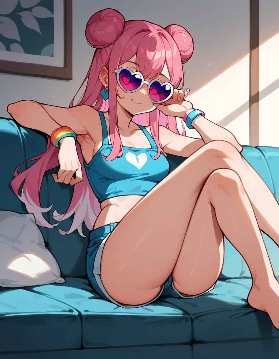 a girl with long pink hair and white streaks, vibrant pink eyes and small breasts. She wears a pink and blue outfit, next to a blue heart earring, colorful bracelets and purple lens sunglasses, Her outfit is cute and short, But provocative and inviting, short rosa/ pink short shorts, blusa azul , sitting on the living room sofa, resting your cheek on your hand and your elbow on the sofa. She smiles annoyingly and mischievously. pink hair with white highlights. face detailed