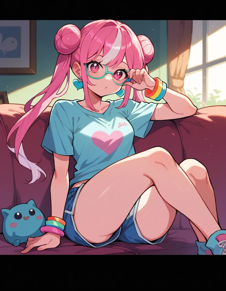 a girl with long pink hair and white streaks, vibrant pink eyes and small breasts. She wears a pink and blue outfit, next to a blue heart earring, colorful bracelets and glasses with purple lenses, Her outfit is cute and short, But provocative and inviting, short rosa/ pink short shorts, blusa azul , sitting on the living room sofa, resting your cheek on your hand and your elbow on the sofa. She smiles annoyingly and mischievously. pink hair with white highlights. face detailed