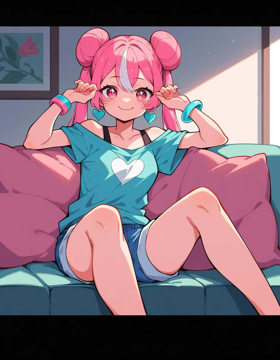 a girl with long pink hair and white streaks, vibrant pink eyes and small breasts. She wears a pink and blue outfit, next to a blue heart earring, colorful bracelets and glasses with purple lenses, Her outfit is cute and short, But provocative and inviting, short rosa/ pink short shorts, blusa azul , sitting on the living room sofa, resting your cheek on your hand and your elbow on the sofa. She smiles annoyingly and mischievously. pink hair with white highlights. face detailed