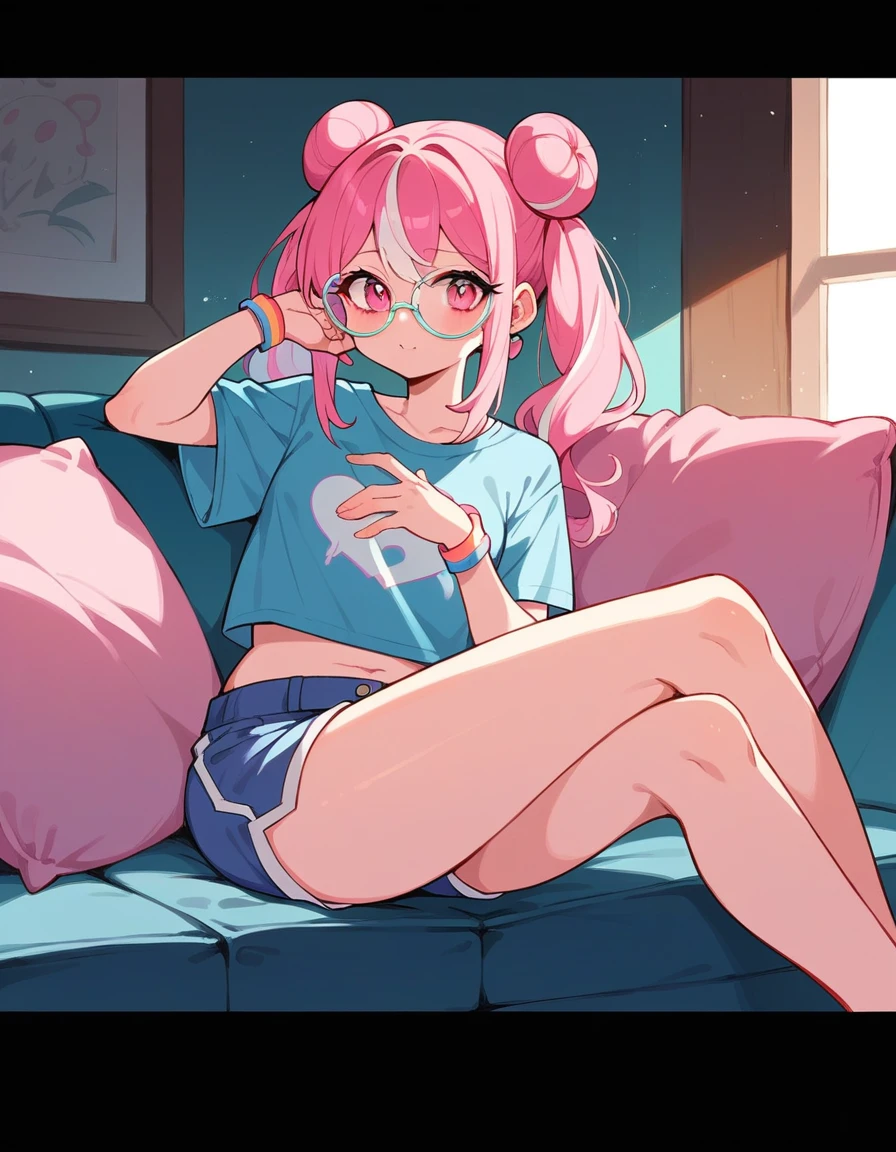 a girl with long pink hair and white streaks, vibrant pink eyes and small breasts. She wears a pink and blue outfit, next to a blue heart earring, colorful bracelets and glasses with purple lenses, Her outfit is cute and short, But provocative and inviting, short rosa/ pink short shorts, blusa azul , sitting on the living room sofa, resting your cheek on your hand and your elbow on the sofa. She smiles annoyingly and mischievously. pink hair with white highlights. face detailed