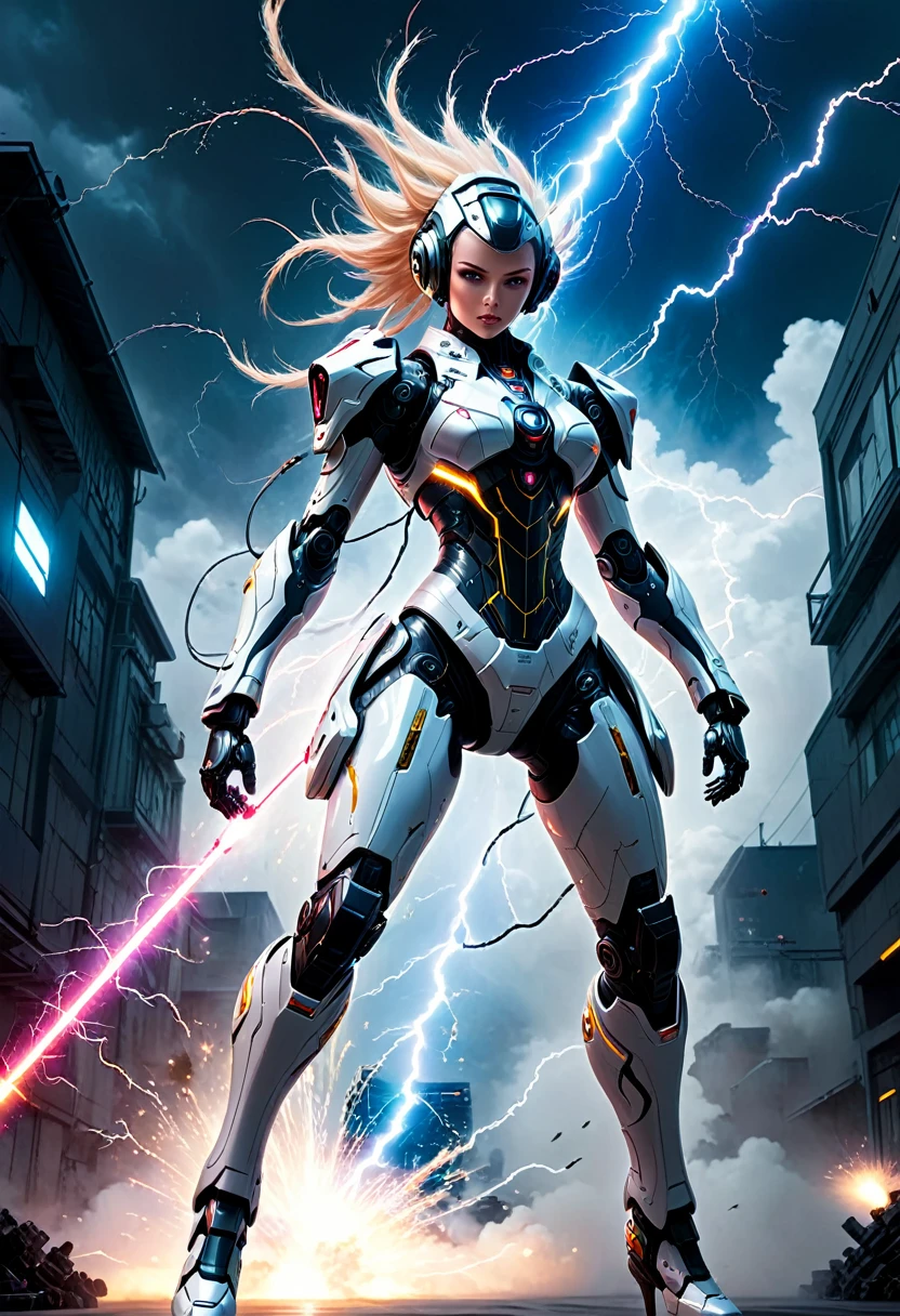 autonomous humanoid, tall and sexy, battle-exosuit, jump to attack stance, whipping a laser whip with explosion and lightning