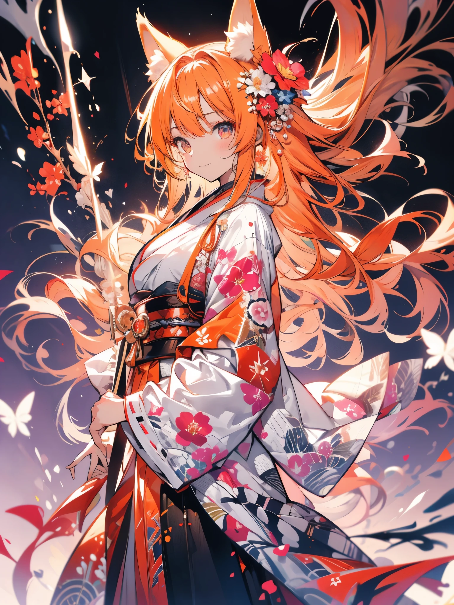 work of art, best qualityer, highy detailed, 1 girl, standing alone, (:3:0.9), animal ear fluff, animal ears, hair orange, fluffy hair, blush, eyes browns, flowers, fox ears, fox girl, Gradient, Gradient background, hair flowers, hair ornament, Japanese clothing, kimono, looking ahead at viewer, miko, ssmile, standing alone, white kimono, beautiful lighting