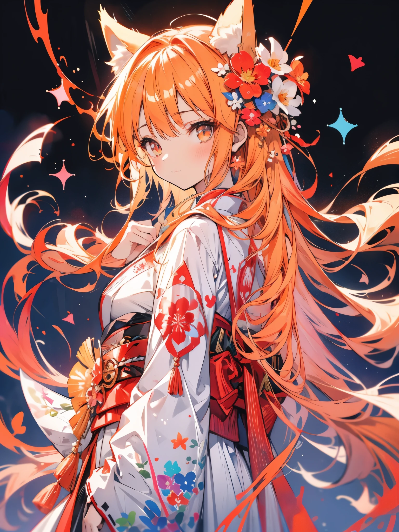 work of art, best qualityer, highy detailed, 1 girl, standing alone, (:3:0.9), animal ear fluff, animal ears, hair orange, fluffy hair, blush, eyes browns, flowers, fox ears, fox girl, Gradient, Gradient background, hair flowers, hair ornament, Japanese clothing, kimono, looking ahead at viewer, miko, ssmile, standing alone, white kimono, beautiful lighting