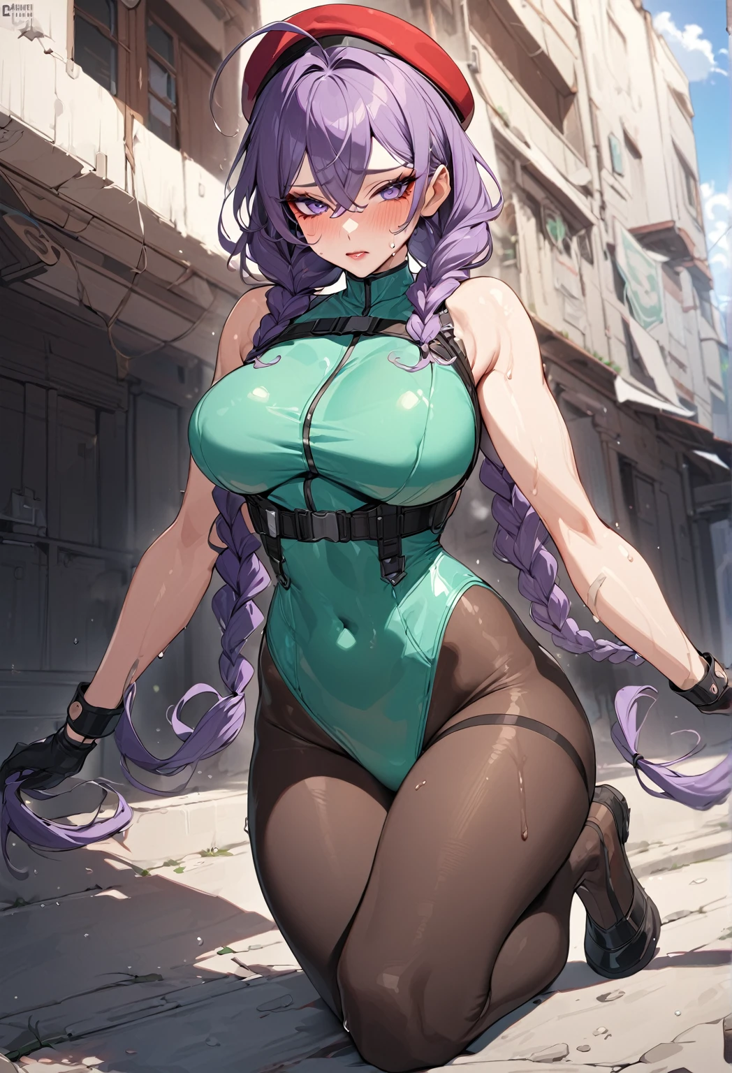 masterpiece,best quality,extreme detail,8k,cammyfn, 1girl, solo, long hair, breasts, purple eyes, (dark purple hair:1.2), large breasts, gloves, red hat, braid, ahoge, twin braids, leotard, lips, makeup, beret, scar, antenna hair, nose, harness, huge ahoge, green leotard,sleeveless, sweaty,sweat, exhausted,sleeveless,cross eye, full body