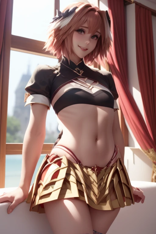 ((masterpiece)), ((best quality)), (detailed), astolfo, Beautiful, Beautifu and slim perfect body, slim body, really female, slim female body, female, very innocent smile, innocent smile, femboy, boy, bright pink hair, spiky hair, short hair, a long braid, lock of white hair on left side, perfect, solo, gorgeous femenine person, mini top, crop top, wedding dress, mini dress, micro skirt, mini skirt, bridal veil on the head, small bulge, luscious lips, long hair, sexy,