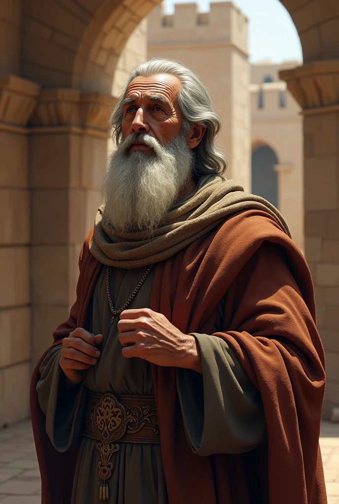 Foto realista, obra-pima, melhor qualidade, artistic composition, of an ancient biblical prophet explaining something, facial expression of intense concentration, roupas altamente detalhadas, texturas de roupas realistas, detalhes abundantes, intrincate details, textura da pele, Pontos, rugas, rugas de roupas, floating dust particles, brilho, brilhante, misterioso, 4k, UHD, da mais alta qualidade