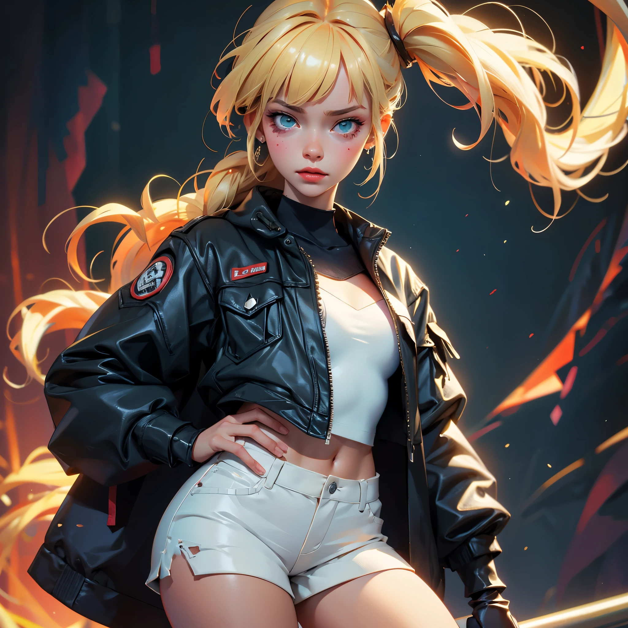 envision a 8k, highres, cinematic, beautiful close up face Pinup of a sexy soft woman with a slender muscular  body, young face, tan skin, long blonde hair, side locks, long bangs, green eyes, jacket, t shirt, short shorts, ((((1girl)))), in dark lighting, against a dark gray background