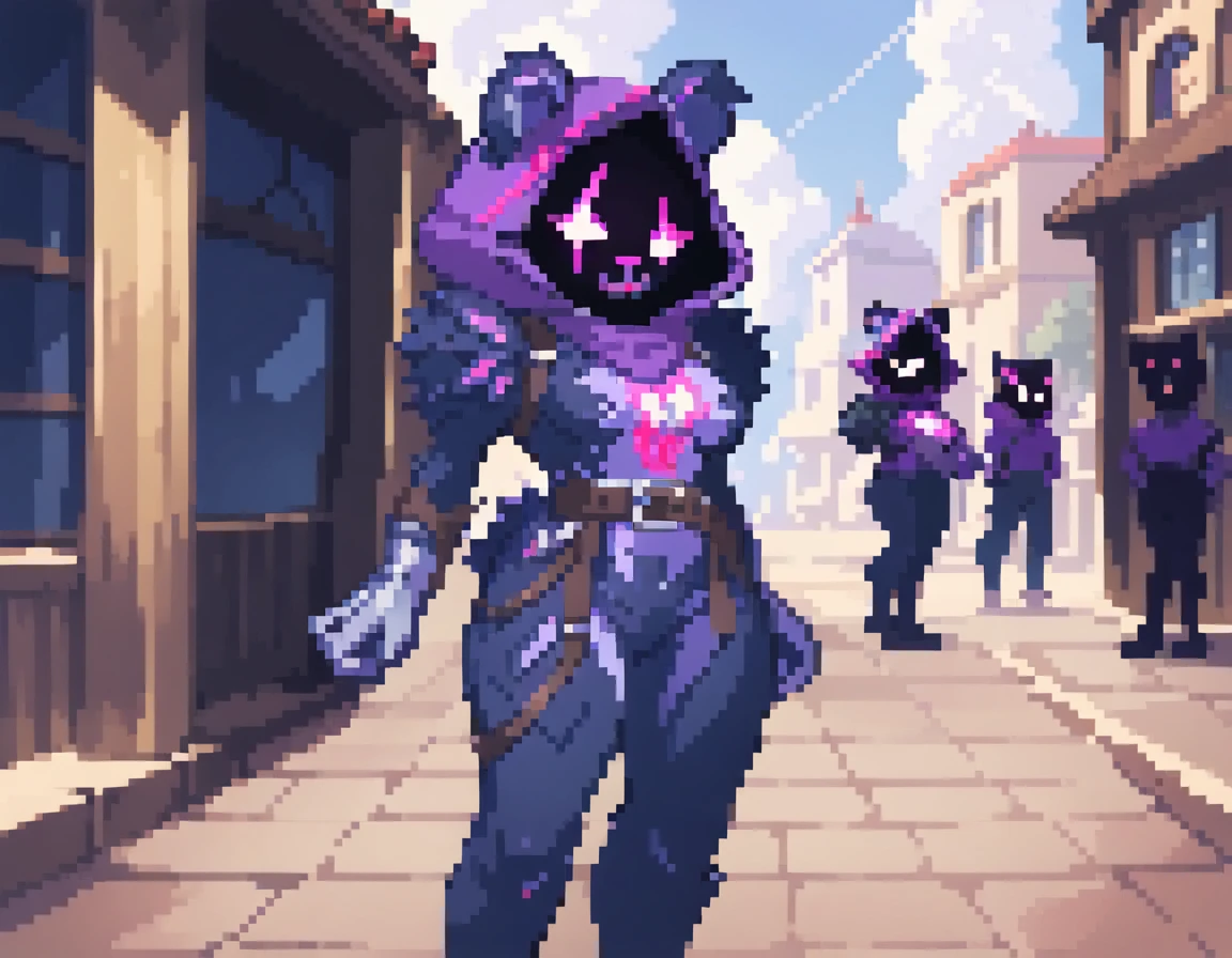 Raven Team Leader, 1girl, masterpiece, best quality, purple hood, faceless, shaded face, animal ears, dark skin, purple skin, scar on eye, (furry), (body fur:1.2), purple fur, belt, straps, :3, torso symbol, metal gloves, outdoors