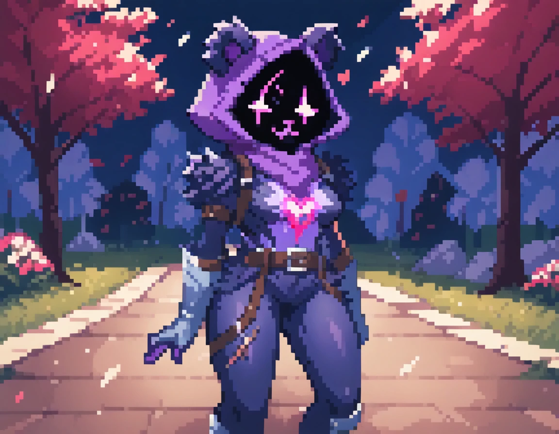 Raven Team Leader, 1girl, masterpiece, best quality, purple hood, faceless, shaded face, animal ears, dark skin, purple skin, scar on eye, (furry), (body fur:1.2), purple fur, belt, straps, :3, torso symbol, metal gloves, outdoors