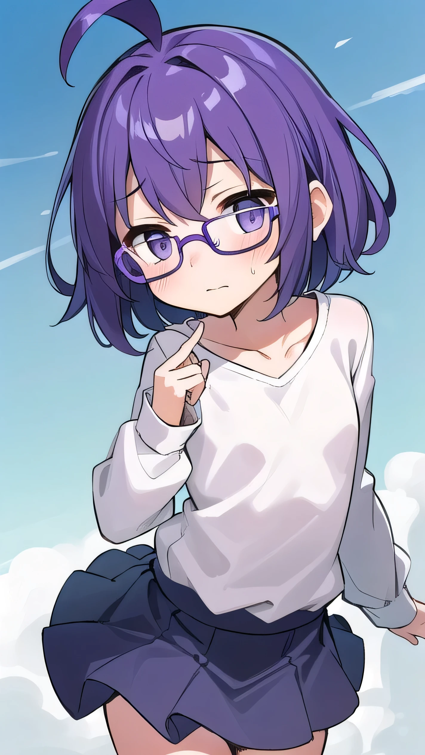 (Purple hair:1.2), gray eyes, white , navy blue miniskirt, 11 years old, short, short long hair, kind expression, shy, backpack, almost no breasts, slightly exposed. hair,(flipped hair ), flipped hair, long sleeves, ahoge, girl alone, flipped hair, flipped hair, flipped hair, flipped hair, glasses with no edges, embarrassed, flat chest