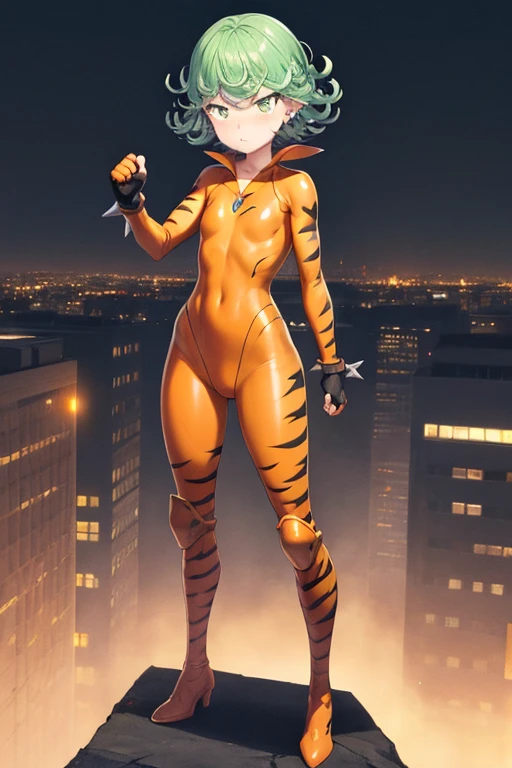 Masterpiece, best quality, ultra detailed, illustration, lighting epic, cinematic composition, 1 girl, Tatsumaki, short hair, green hair, very small breasts, green eyes, bright eyes, pouting, blushing, closed mouth, piercing gaze, full body, gremlin, brown collar, tall, very thin, hunched over, long metal claws, spikes on his forearms, brown details, brown fingerless gloves, orange wristbands, orange nanotech suit, light armor, orange chest with an emblem, high shoulder pads, orange suit with brown stripes, brown tiger stripes, triangle emblem on his chest, orange emblem, orange pants, orange knee pads, metallic orange boots, metallic orange shoes, brown superhero belt, standing on a building, city background, anime
