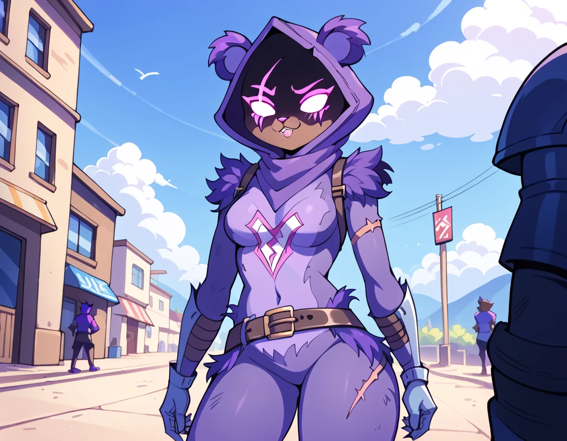 Raven Team Leader, 1girl, masterpiece, best quality, purple hood, faceless, shaded face, animal ears, dark skin, purple skin, scar on eye, (furry), (body fur:1.2), purple fur, belt, straps, :3, torso symbol, metal gloves, outdoors, by diives