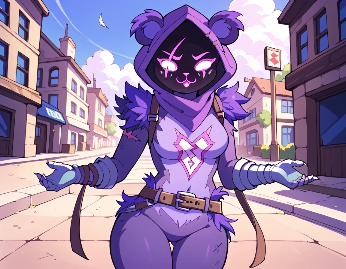 Raven Team Leader, 1girl, masterpiece, best quality, purple hood, faceless, shaded face, animal ears, dark skin, purple skin, scar on eye, (furry), (body fur:1.2), purple fur, belt, straps, :3, torso symbol, metal gloves, outdoors, by diives