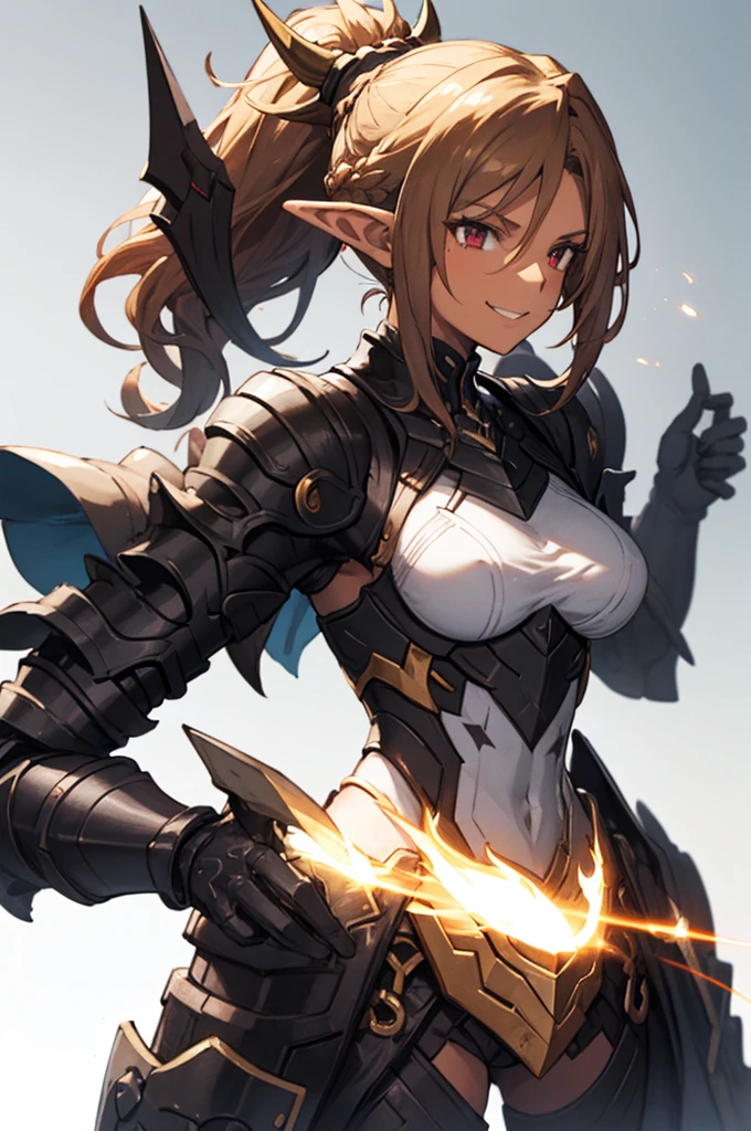 Beautiful images,Detailed Images,Official image,(Background of the base),One Woman,Blonde,Red Eyes,Ponytail Hair,Model body type,(Dark Skin:1.3),Elf Ears,Large Breasts,(Bioarmor:1.3),Smile small,Mordred,