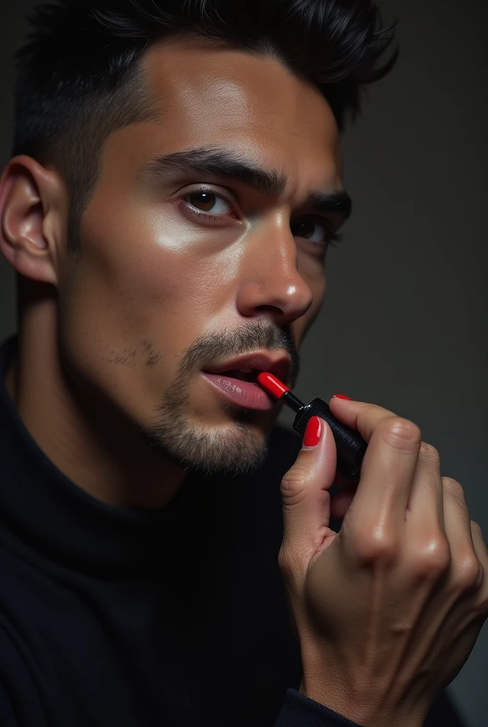 Man putting on woman's makeup looking directly at the camera as if he were in the mirror, with an expression of putting on lipstick