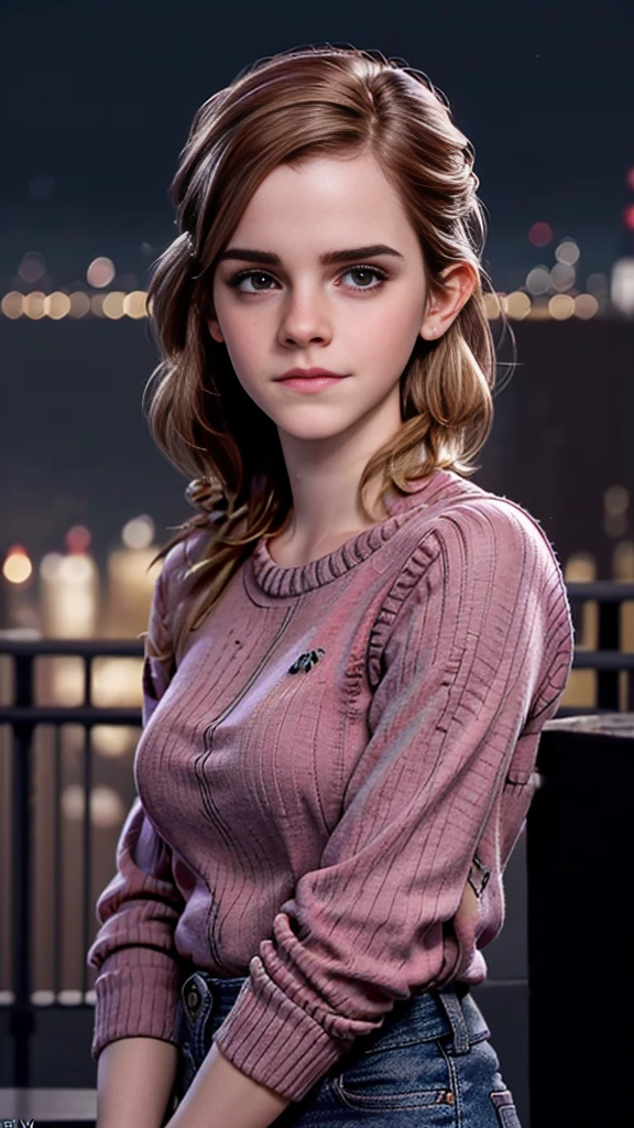 photo of Emma Watson, RAW, beautiful woman, ((portrait)), ((detailed face:1.2)), ((detailed facial feature, detailed skin, clear skin), (perfect proportioned body), kneeling, arms behind head, (wearing an tight pink sweater & jeans) (high detailed city environment, apartment balcony), (realistic photo, best quality, detailed), (8k wallpaper), (cinematic lighting, dramatic lighting) (sharp focus, intricate)