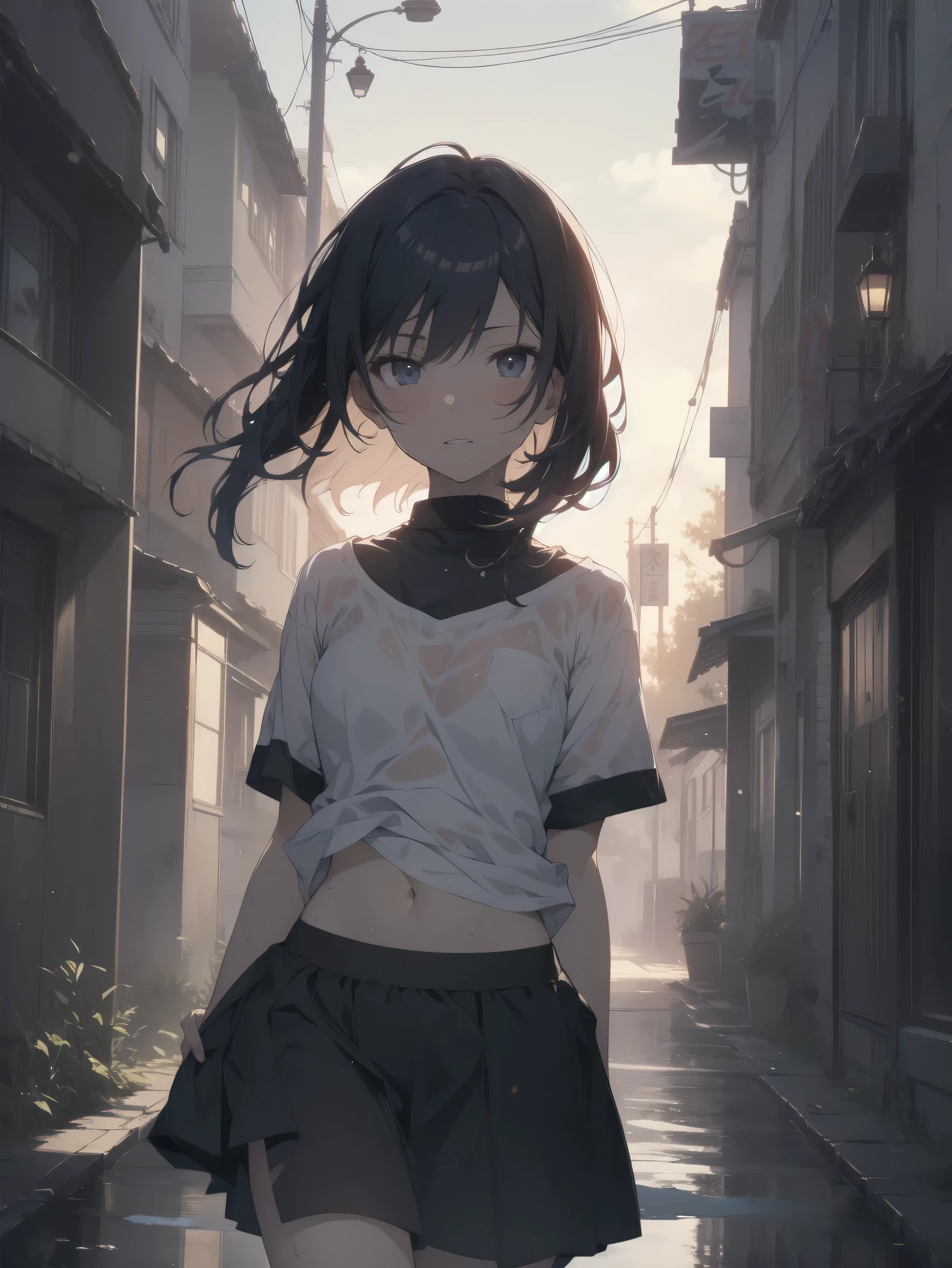 Short-cut, dark-haired, sweaty, scarred, and cute Japanese high school girl fighter. She is lying in an alleyway. She is gasping for breath with one eye closed. Tiny breasts. Torn . An earnest-looking male student is fighting to protect her.