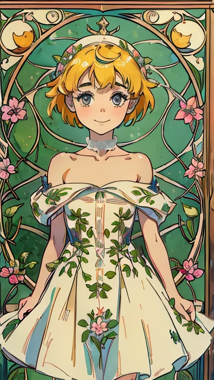 (1girl, solo, highly insanely detailed, masterpiece, top quality, best quality, highres, 4k, 8k, RAW photo),((innocent look)),((Childish)),From the front, symmetrical composition,smile,cute,Innocent,Kind eyes,Flat chest,ArsMJStyle, Art Nouveau Style, forest, vines, (LisaNote),
(v1nedr3ss)