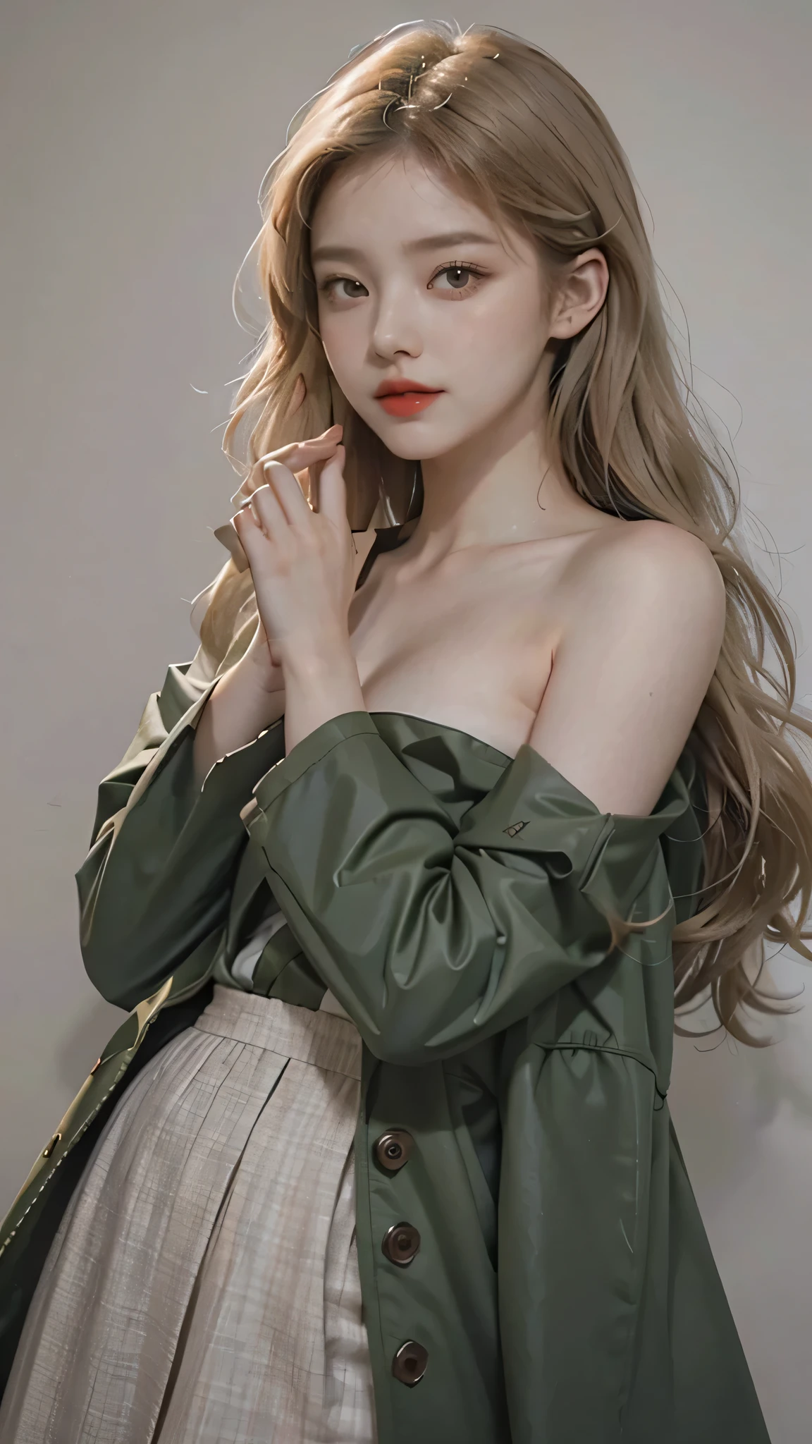 Girl wearing, luxury green coat, shoulder length hair, wavy hair, glowing skin, star in eye, red lips, grey background, cute poses, upper body, light blonde hair.