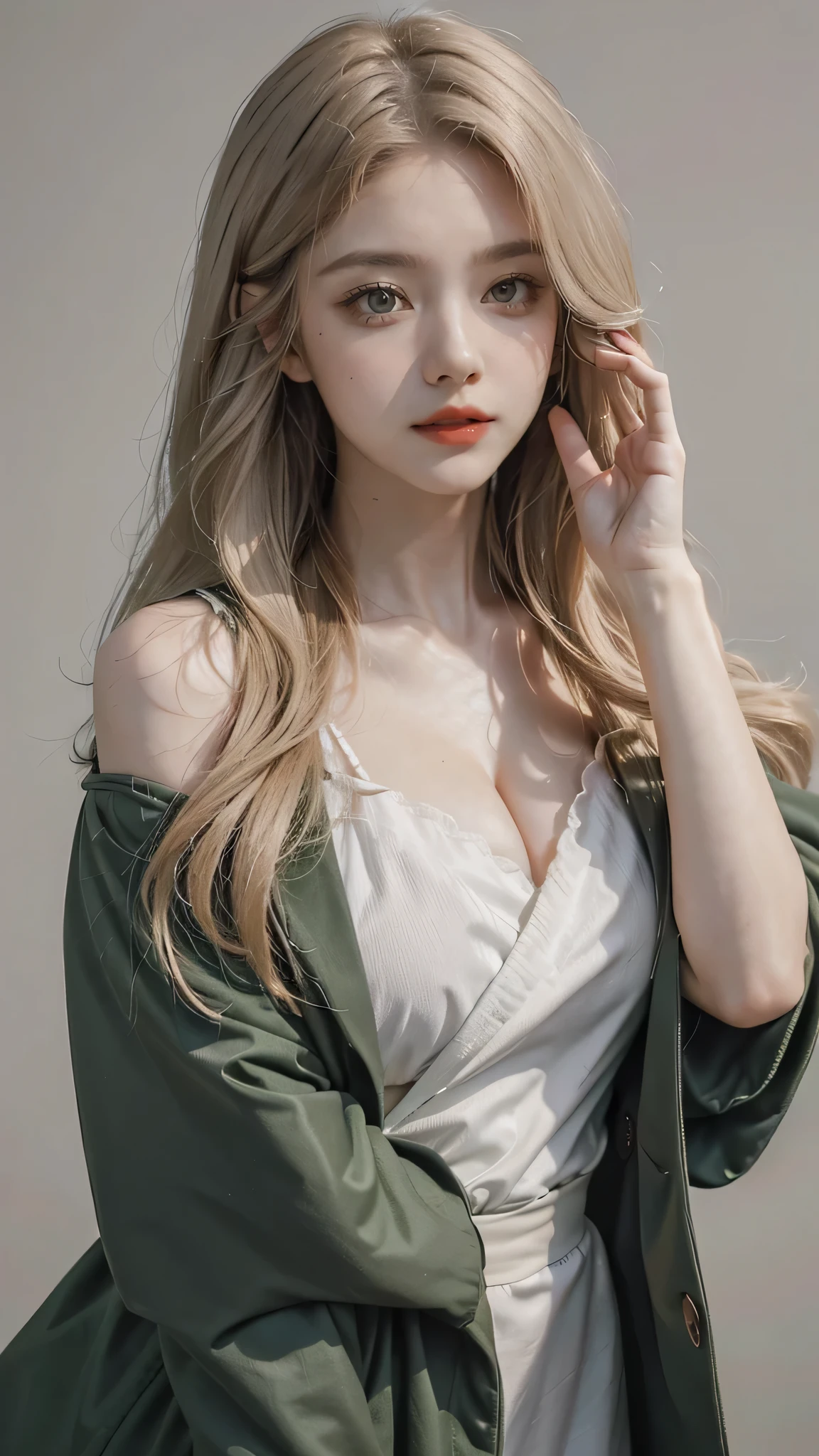 1 girl, solo, cute, looking at viewer, beautiful body, blush, (silver blonde straight lob hair), (small breast), (green eyes), very life-like eyes, stylish casual outfit, beautiful environment, highly detailed, masterpiece, best quality, highest quality, high resolution, (masterpiece:1.2), realistic lighting, incredible lighting