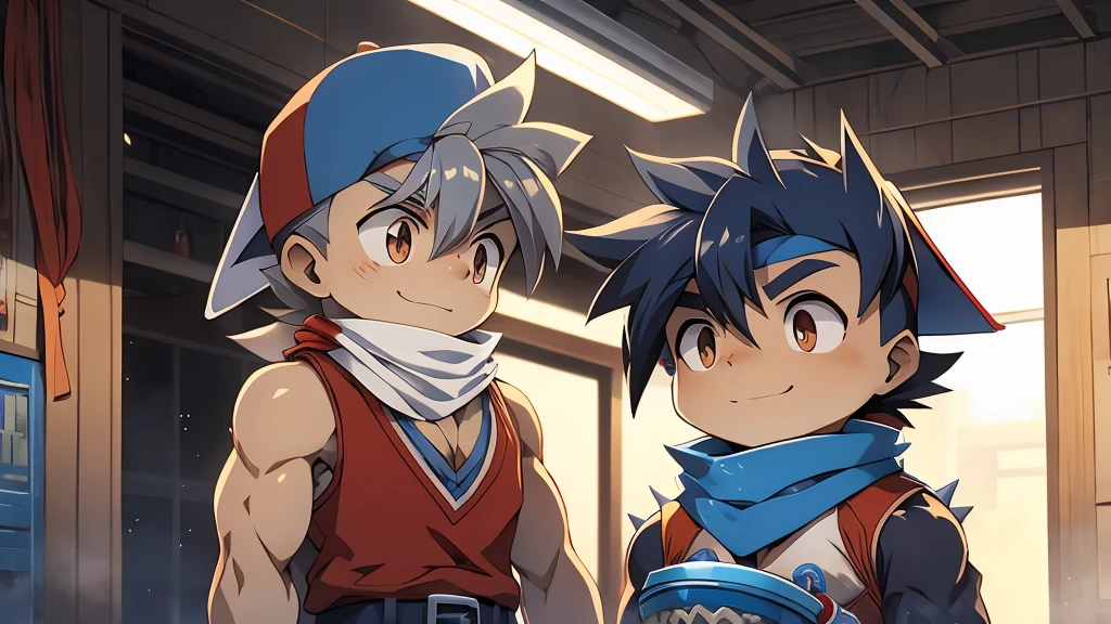 Huge muscles,cramped clothes,,((( boy)))Blue hat,Spiky Hair,Red vest,An innocent smile,Huge erect penis,Well-trained muscles,Clear fluid leaking from penis,Competing against Kai in a Beyblade tournament,kai, shirt, 1boy, brown eyes, grey hair, male focus, sleeveless, belt, scarf, facial mark, spiked hair, white scarf