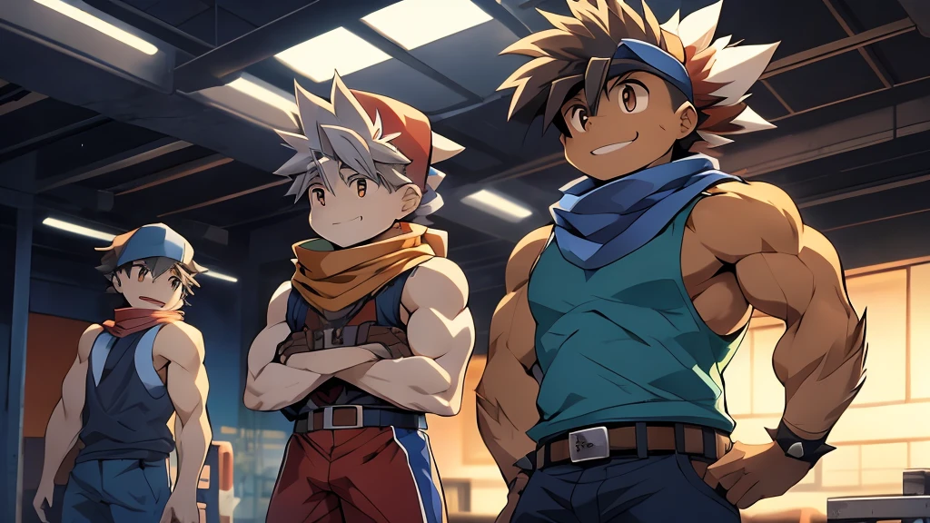 Huge muscles,cramped clothes,,((( boy)))Blue hat,Spiky Hair,Red vest,An innocent smile,Huge erect penis,Well-trained muscles,Clear fluid leaking from penis,Competing against Kai in a Beyblade tournament,kai, shirt, 1boy, brown eyes, grey hair, male focus, sleeveless, belt, scarf, facial mark, spiked hair, white scarf