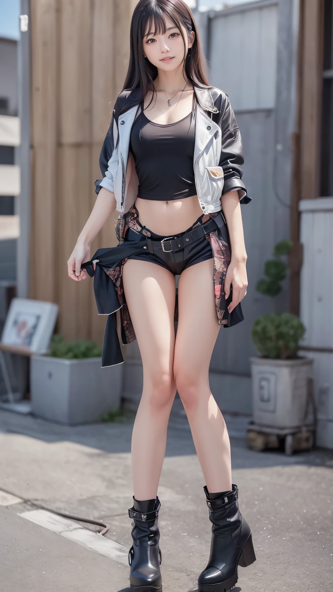 Beautiful Japanese idle, baby face, ((idle costume:1.3)), sitting in rooftop of リゾート地, White and clear skin, (Beautiful breasts), (Tight waist), (Small beautiful butt), (Detailed legs:1.2, Perfectly correct legs:1.2, Thin thighs, Beautiful feet:1.2), (The perfectly correct hand:1.1), (((Riding a large Harley-Davidson motorcycle))), (((Black long boots:1.2))), (Perfect Anatomy:1.3)