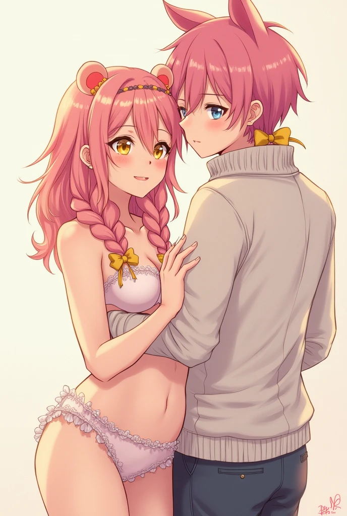 nothing, pink hair, PINK CAT Ears, eyes of the god niji, god of eyes, eyes with pink heart symbol, white and pale skin, fluffly, thick thighs, thick thighs, detailed artwork, pink shirt, flag on the arm of BI pride, white skirt, silk stockings, socks with bow, flower necklace on head, pequeno e fluffly, boy, peito pequeno e fluffly, black collar with white bell, sword with sheath attached to the back