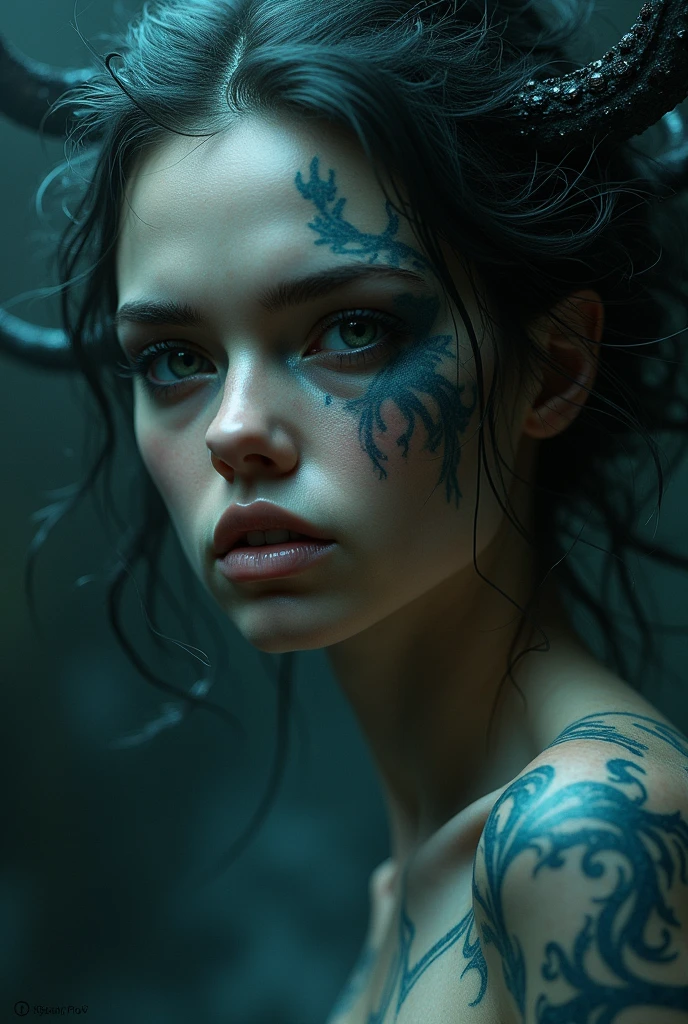 Heathered <lora:Heathered:0.9> outside in the rain, soaking wet, ((big full glossy lips)) dank swamp, with tribal tattoos, (detailed facial features:1.15), Unreal Engine 5, 8K, HQ, HDR, amazing detail, intricate details, shallow depth of field, reflections, art by artgerm and greg rutkowski