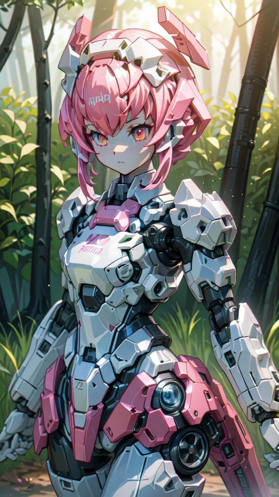 One Girl, alone, High resolution, vision, Accurate, Highest quality, 超High resolution, Shortcuts, Metal life forms、((Android、maid型、maid))、future、Strengthen the outer frame、clear、(saturated color、Pure white skin)、pistol、(pink、maid服、Metal parts)、(Deep Eye、Glowing Eyes、pink色、lens camera、Expressionless、)、Ready your gun?、mannequin、(background、forest、grassland)