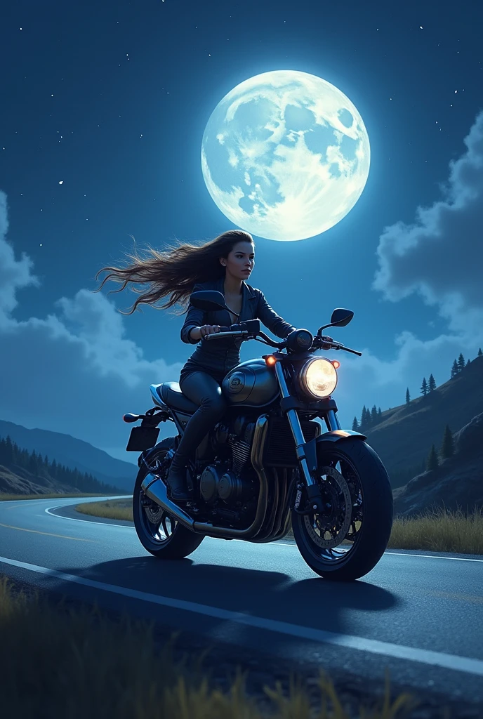 (masutepiece), (Best Quality), (Best Detail), (Far Overview), (Postage stamps),(The main color of the illustration: bright saturated red), (Secondary color: lapis lazuli), Red café racer motorcycle driven by woman with defiant posture, Highly detailed chassis, Futuristic western landscape, Night (many stars, Moon), shading (Detailed, A lot of contrast), very saturated pulp color