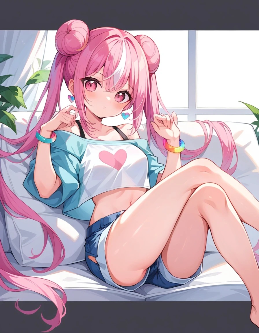 a girl with long pink hair and white streaks, vibrant pink eyes and small breasts. She wears a pink and blue outfit, next to a blue heart earring, colorful bracelets and sunglasses with light purple lenses, Her outfit is cute and short, But provocative and inviting, short rosa / pink short shorts, blusa azul , sitting on the living room sofa, resting your cheek on your hand and your elbow on the sofa. She smiles annoyingly and mischievously. pink hair with white highlights. face detailed, short de cor rosa, 小柄.