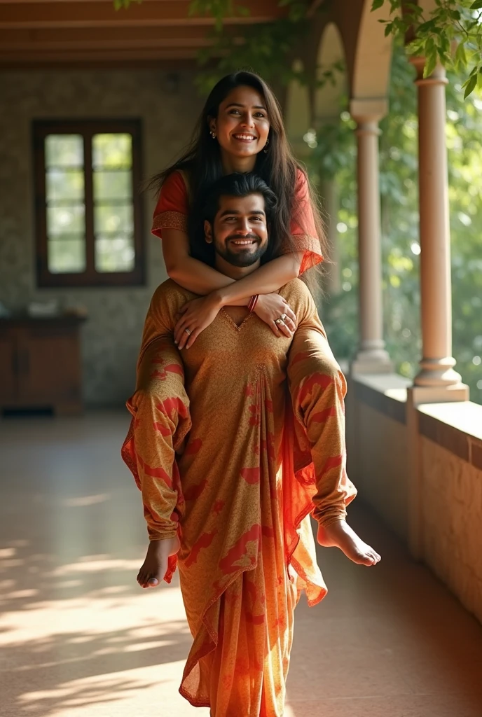 A smiling and beautiful fair indian woman with tied hair lifting and carrying a stout man on her shoulders, man is sitting on woman's shoulders, in a village room
