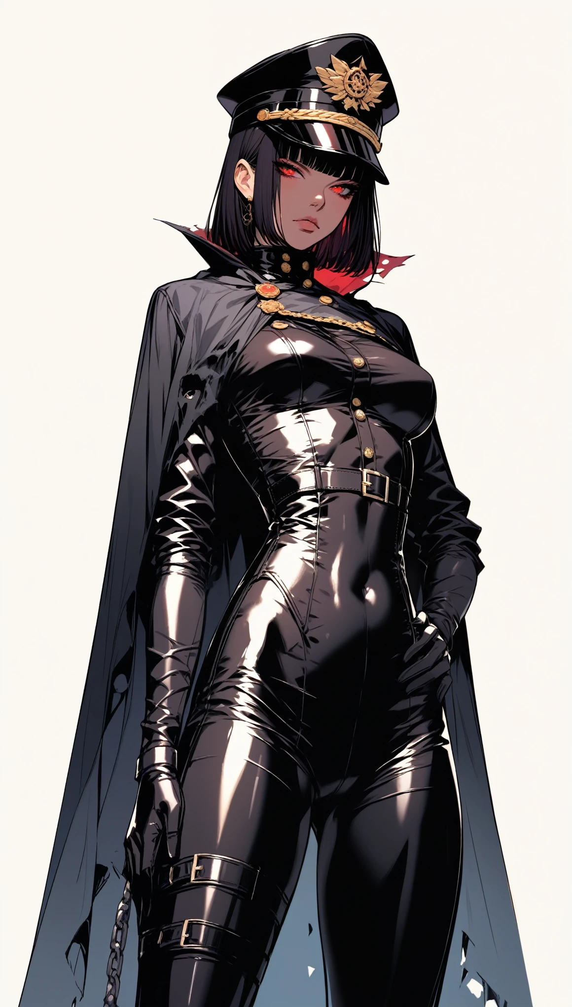score_9, score_8_up, score_7_up, score_6_up, dark theme，sinozick style sketch
(Stand with your legs apart，One hand on waist:1.4),nue_aiphoto original absurdres highres 1girl adjusting_clothes adjusting_headwear arm_up bangs black_bodysuit black_cape black_cloak black_footwear black_gloves black_hair black_headwear black_pants blunt_bangs bodysuit breasts buttons cape chain cloak closed_mouth covered_navel expressionless full_body gloves gradient gradient_background hand_on_headwear hand_up hat high_heels latex latex_bodysuit legs_apart long_sleeves looking_at_viewer medium_breasts military military_hat pants peaked_cap red_background red_eyes shadow short_hair simple_background skin_tight solo standing tight torn_cape torn_clothes uniform，