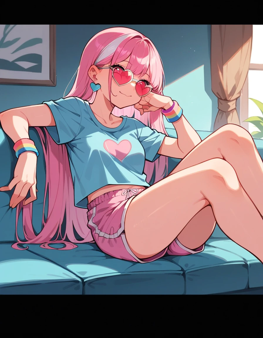 a girl with long pink hair and white streaks loose, vibrant pink eyes and small breasts. She wears a pink and blue outfit, next to a blue heart earring, colorful bracelets and sunglasses with light purple lenses, Her outfit is cute and short, But provocative and inviting, pink shorts/ pink short shorts, blue blouse, sitting on the living room sofa, resting your cheek on your hand and your elbow on the sofa. She smiles annoyingly and mischievously. pink hair with white highlights. face detailed 