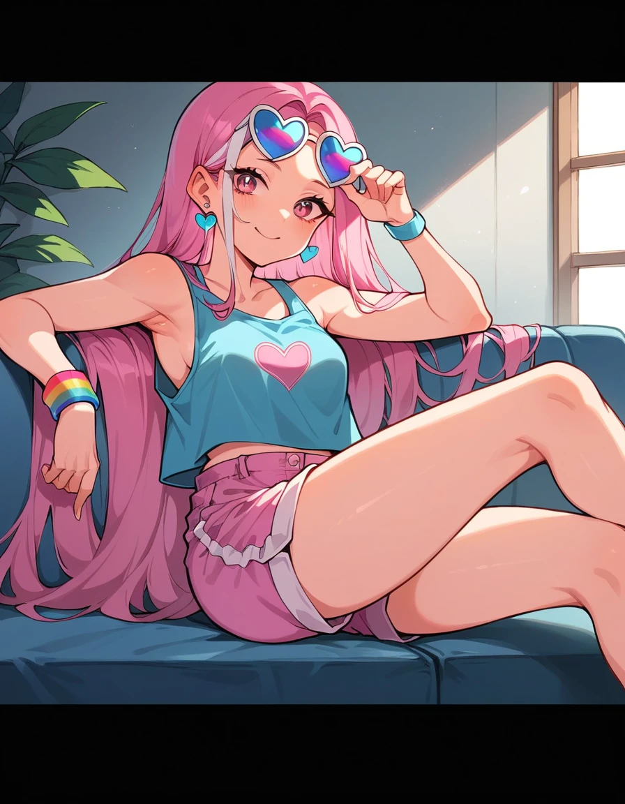 a girl with long pink hair and white streaks loose, vibrant pink eyes and small breasts. She wears a pink and blue outfit, next to a blue heart earring, colorful bracelets and sunglasses with light purple lenses, Her outfit is cute and short, But provocative and inviting, pink shorts/ pink short shorts, blue blouse, sitting on the living room sofa, resting your cheek on your hand and your elbow on the sofa. She smiles annoyingly and mischievously. pink hair with white highlights. face detailed 