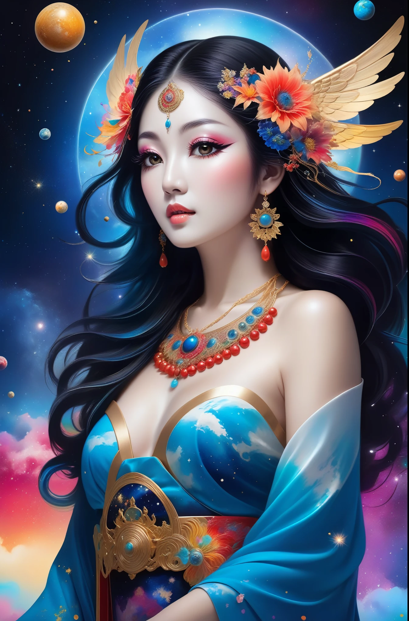 A beautiful girl , eyes locked, portraite , estilo-paintmagic , (((paint splash))), (((colorfully))), (((floating colorfully paint))), goddess of death, Japanese mythology,(with mythical creatures), solar system, Milky Way, to dream, fancy, (abstract background:1.3), work of art, ultra realistic, 32 mil, Extremely detailed CG 8k unity wallpaper, best qualityer,
((tutufc)),
