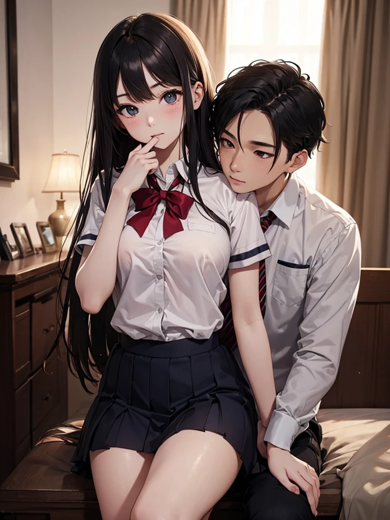 masterpiece、High definition photo quality、8k、1 high school girl、uniform、One man、nsfw、Cool guy、((A man touches a woman&#39;s nipples from behind:1.8))、((cry、Reluctant:1.8))、(Pleated mini skirt)、Panties are visible、Tight-fitting blouse、White knee-high socks、Look down、Big eyes、Straight long hair、