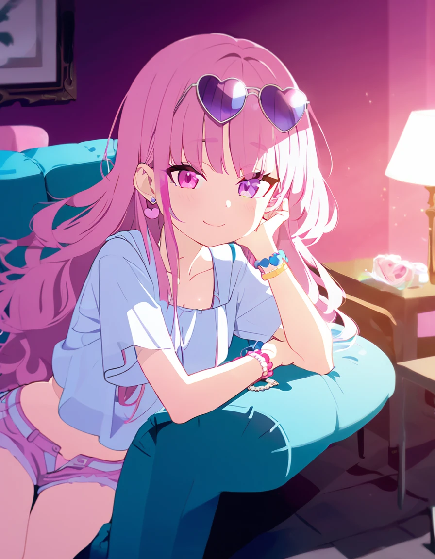 a girl with long pink hair and white streaks, loose hair, vibrant pink eyes and small breasts. She wears a pink and blue outfit, next to a blue heart earring, colorful bracelets and sunglasses with light purple lenses, Her outfit is cute and short, But provocative and inviting, short rosa / pink short shorts, blusa azul , sitting on the living room sofa, resting your cheek on your hand and your elbow on the sofa. She smiles annoyingly and mischievously. pink hair with white highlights. face detailed, short de cor rosa, 小柄.