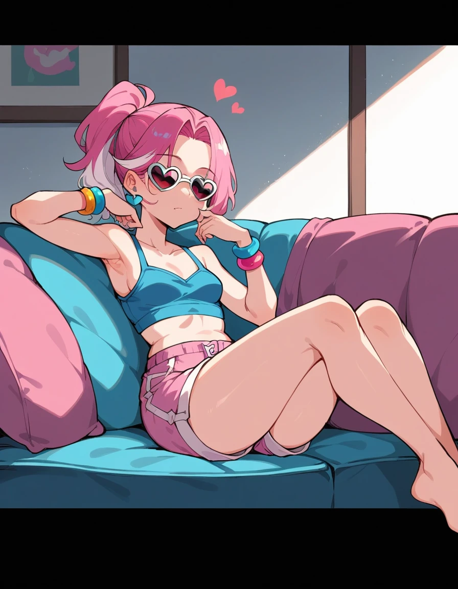 a girl with long pink hair and white streaks loose, vibrant pink eyes and small breasts. She wears a pink and blue outfit, next to a blue heart earring, colorful bracelets and sunglasses with light purple lenses, Her outfit is cute and short, But provocative and inviting, pink shorts/ pink short shorts, blue blouse, sitting on the living room sofa, resting your cheek on your hand and your elbow on the sofa. She smiles annoyingly and mischievously. pink hair with white highlights. face detailed, cabelo grande e solto