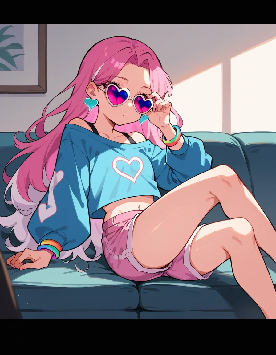 a girl with long pink hair and white streaks loose, vibrant pink eyes and small breasts. She wears a pink and blue outfit, next to a blue heart earring, colorful bracelets and sunglasses with light purple lenses, Her outfit is cute and short, But provocative and inviting, pink shorts/ pink short shorts, blue blouse, sitting on the living room sofa, resting your cheek on your hand and your elbow on the sofa. She smiles annoyingly and mischievously. pink hair with white highlights. face detailed, cabelo grande e solto