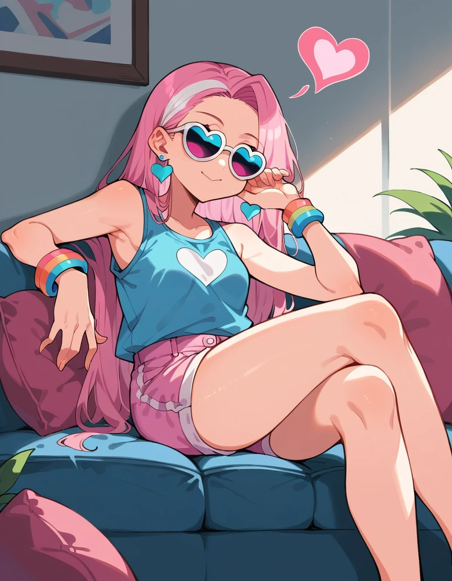 a girl with long pink hair and white streaks loose, vibrant pink eyes and small breasts. She wears a pink and blue outfit, next to a blue heart earring, colorful bracelets and sunglasses with light purple lenses, Her outfit is cute and short, But provocative and inviting, pink shorts/ pink short shorts, blue blouse, sitting on the living room sofa, resting your cheek on your hand and your elbow on the sofa. She smiles annoyingly and mischievously. pink hair with white highlights. face detailed, cabelo grande e solto