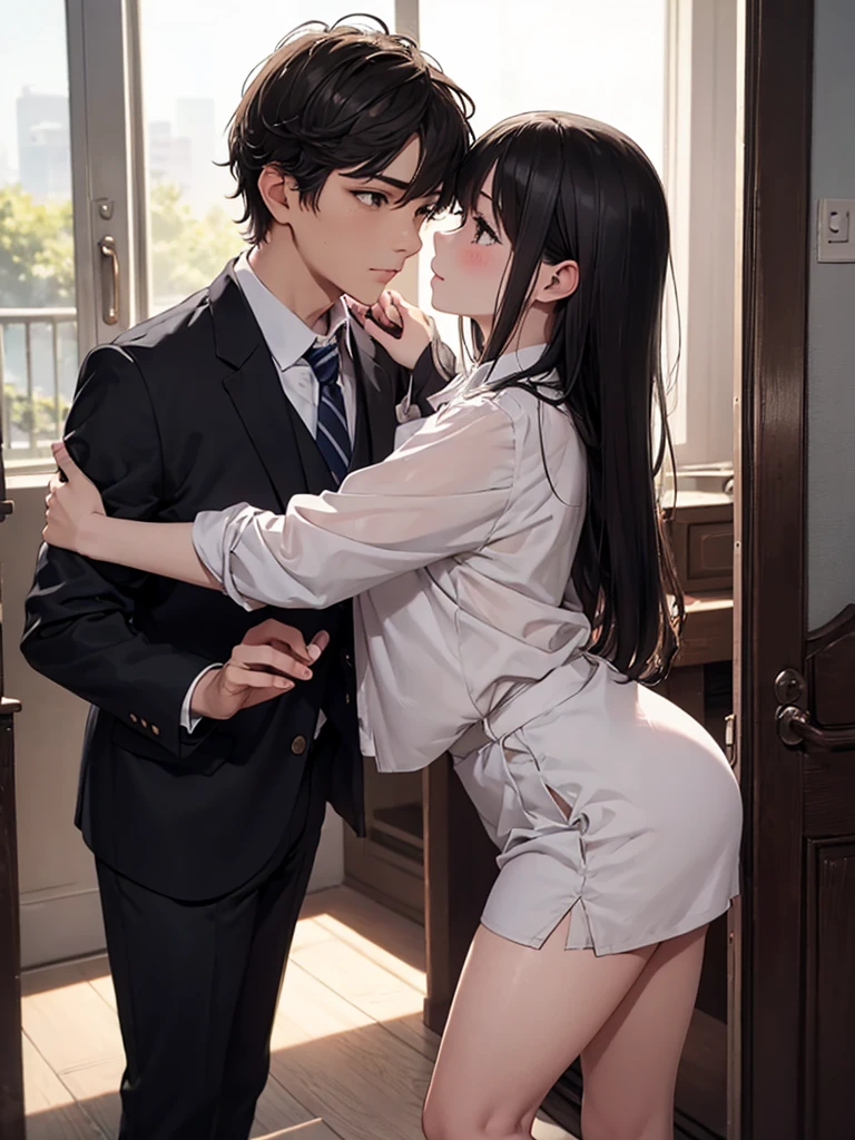 masterpiece、High definition photo quality、8k、1 high school girl、uniform、One man、nsfw、Cool guy、((A man touches a woman&#39;s nipples from behind:1.8))、((in trouble:1.8))、(Pleated mini skirt)、A woman tries to escape、Panties are visible、Tight-fitting blouse、White knee-high socks、Look down、Big eyes、Straight long hair、