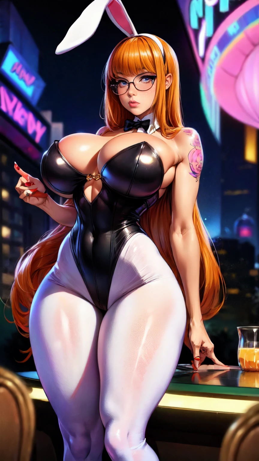 (best quality, masterpiece), depth of field, blurry background, cowboy_shot, thick thighs, standing, solo, 1girl, long orange hair, (ahoge:0.9), glasses, blunt bangs, purple eyes, (full-face blush), ((playboy bunny, pantyhose, bunny ears, highleg, highleg leotard, black leotard, leotard)), bar, night club, night, no bra, tattooed girl, tatgirl 